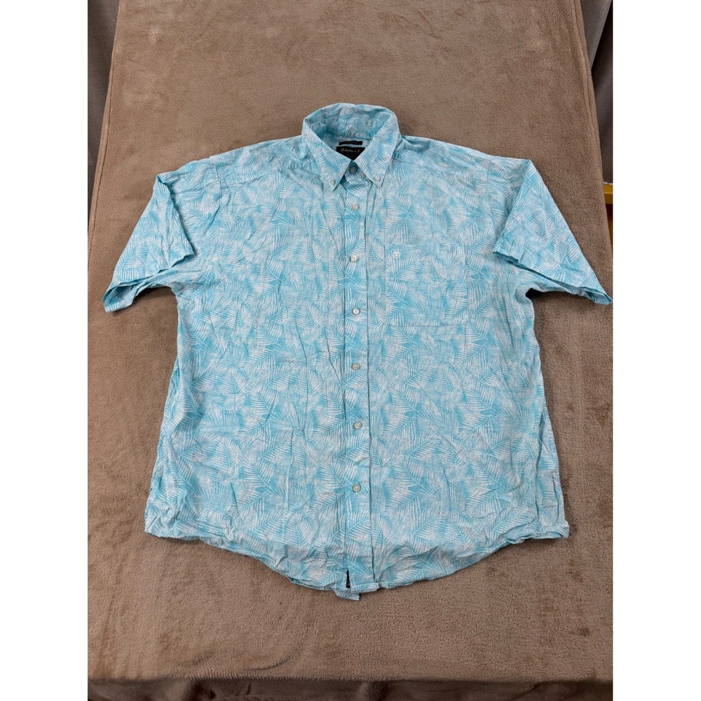 Ariat Qusay Shirt Mens XL Blue Palm Leaf Print Stretch Button Short sleeve EUC